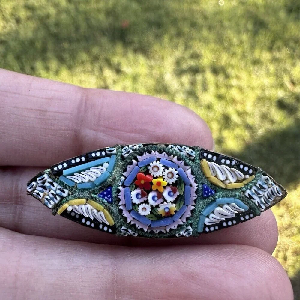 Vintage Brooch Pin 1.625 Inch Multicolor Italian Micro Mosaic Glass Flowers Oval